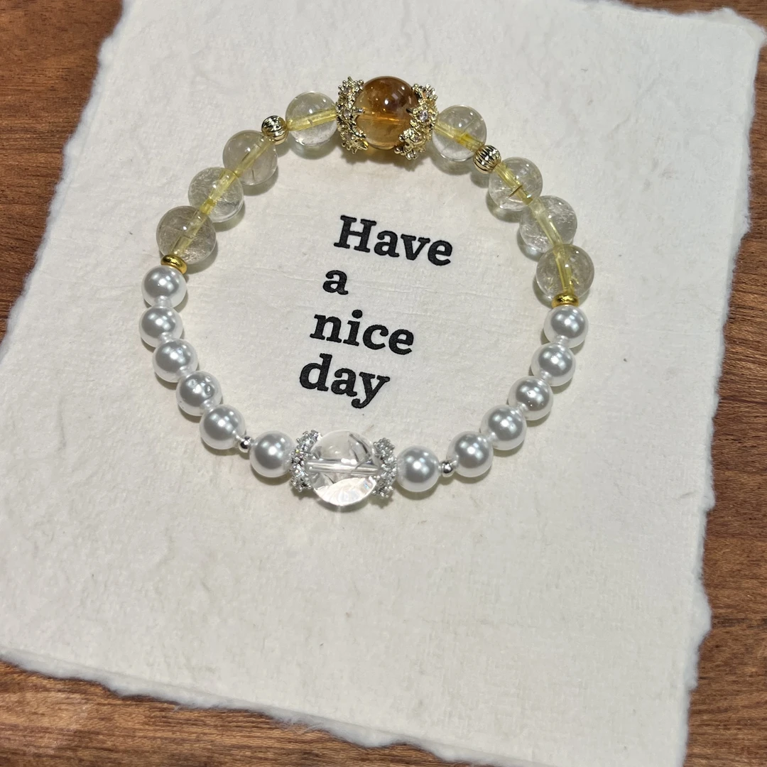 【蒸蒸日上】天然水晶金发晶+黄塔晶+白阿塞设计款手串可爱