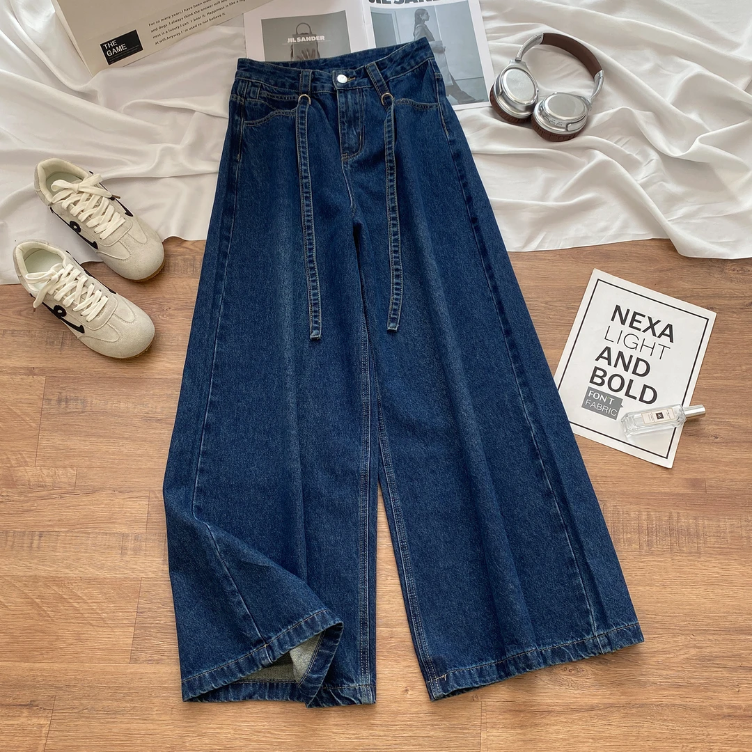 韩国蓝阔腿牛仔裤女冬季2025新款高腰显瘦加绒宽松垂感直筒拖地裤