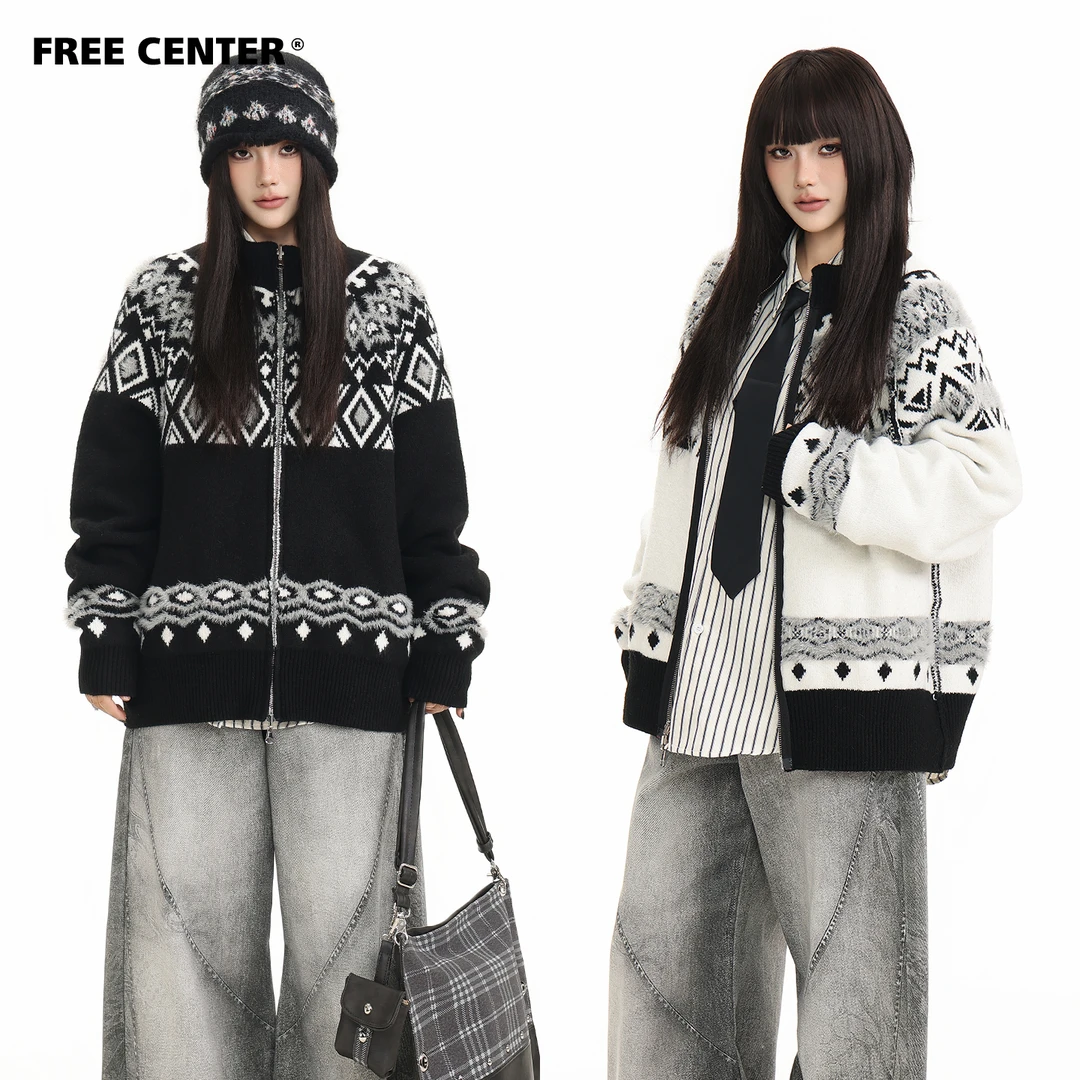 FreeCenter两面穿费尔岛提花毛衣男女秋冬复古慵懒风针织开衫外套