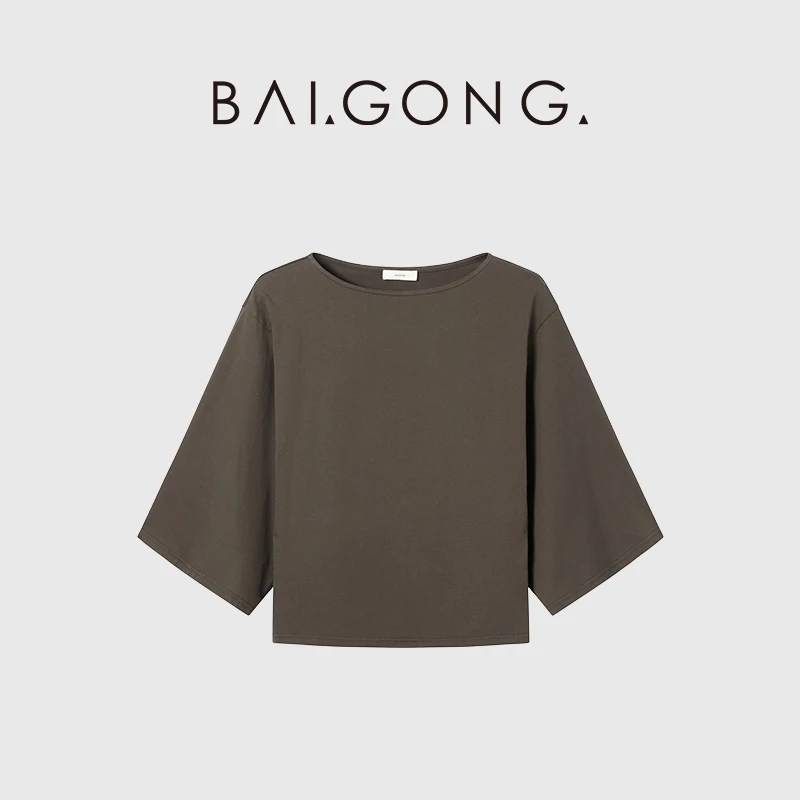 白弓BAIGONG/2025新款简约舒适宽松纯棉五分方袖T恤53792X