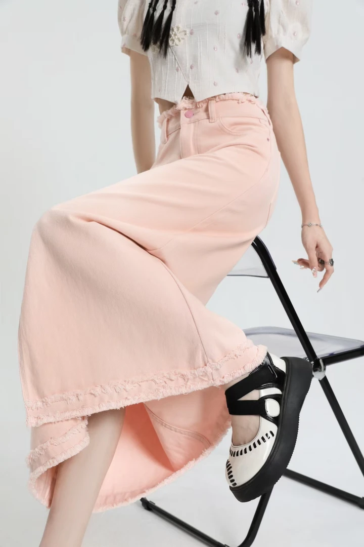 夏季高腰粉色开叉中长款牛仔半身裙显瘦百搭a字裙