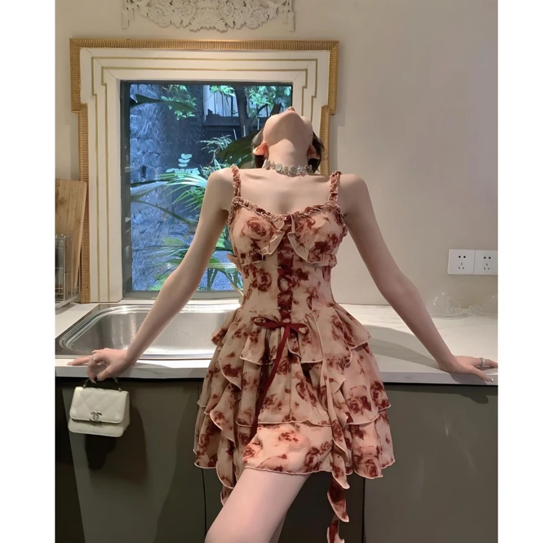 【气质性感】夏季纯欲风收腰印花甜美露背设计感裙子~下单备注编号