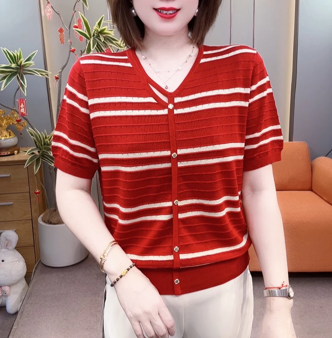 高档新款洋气减龄V领天丝条纹半袖99172