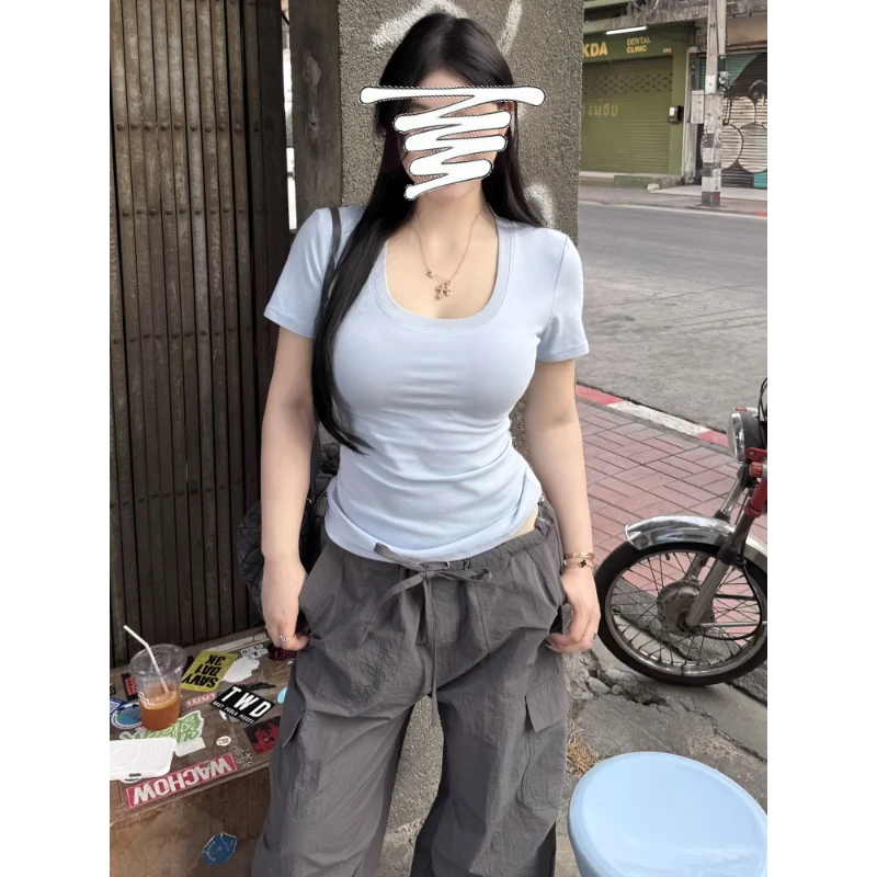 大码胖mm纯欲风辣妹修身正肩短袖t恤女2025超火掐腰打底衫小上衣