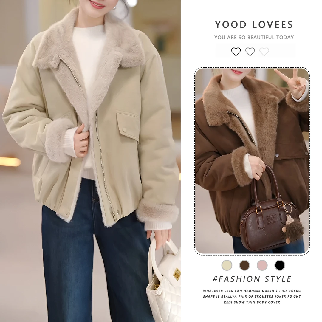 2025年冬装新款可翻领立领简约时尚休闲加绒拉链外套斜插口袋女装