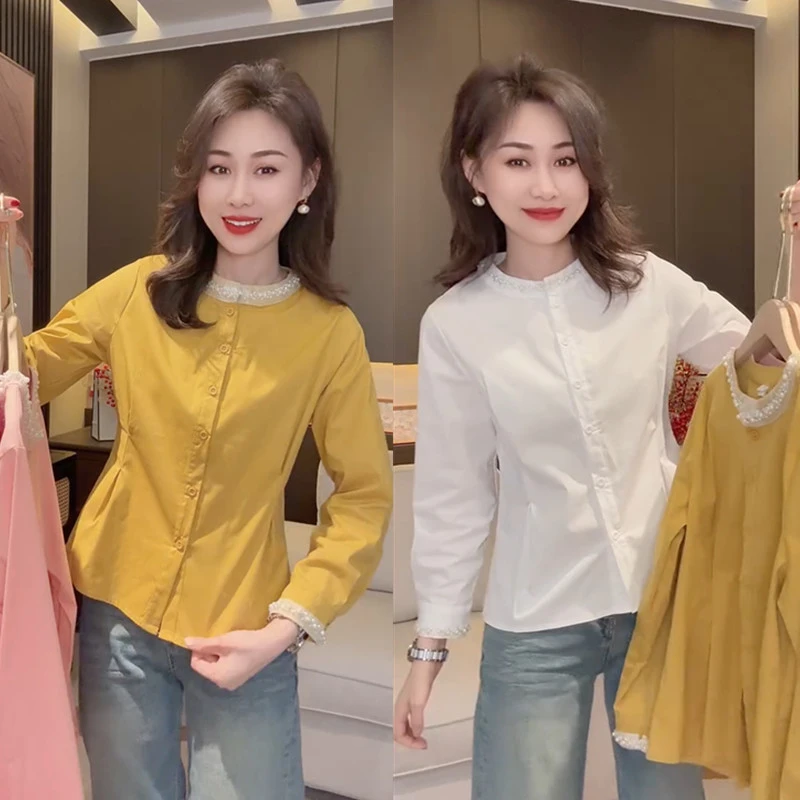 网红爆款时尚减龄修身显瘦纯色女款衬衫气质休闲圆领钉珠设计上衣