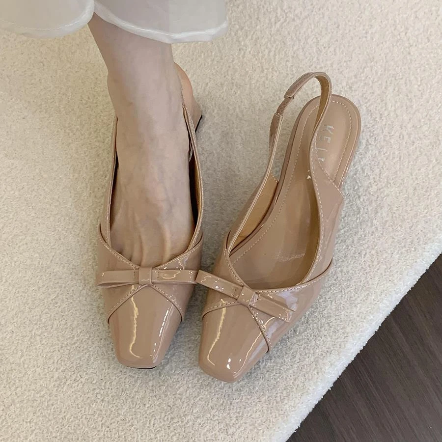 绝美法式粗跟单鞋女春夏季新款仙女风蝴蝶结银色后空包头凉鞋