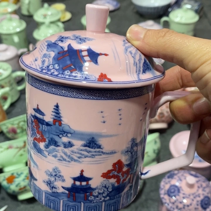 摆件瓷红稀土梧桐釉里红直筒办公杯