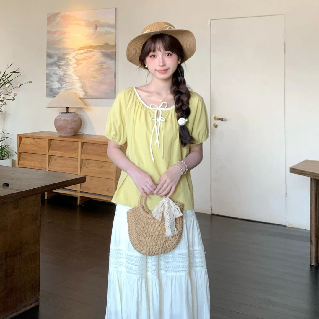 慕兔法式温柔圆领泡泡袖衬衫女2025夏季新款设计感百搭短款上衣