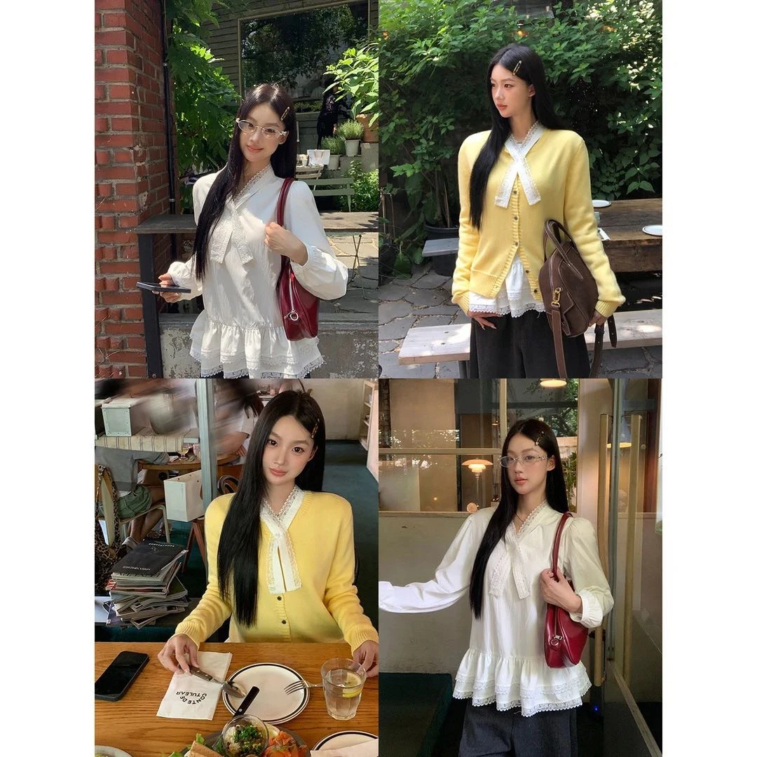 【舒芙蕾衬衫】韩系气质温柔拼接蕾丝蝴蝶结宽松BD衬衫Y3777