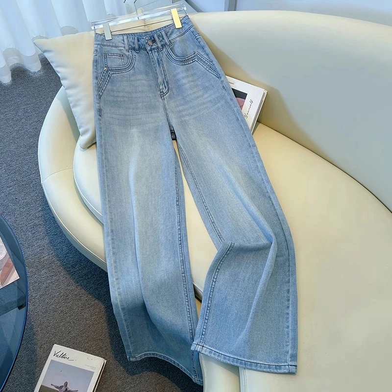 浅蓝色高腰直筒牛仔裤女款2025新款今年流行的爆款裤子窄版阔腿裤