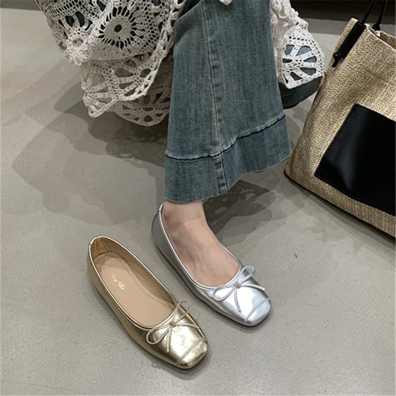 银色浅口平底单鞋子女瓢鞋2025年方头蝴蝶结软皮豆豆芭蕾舞软皮鞋