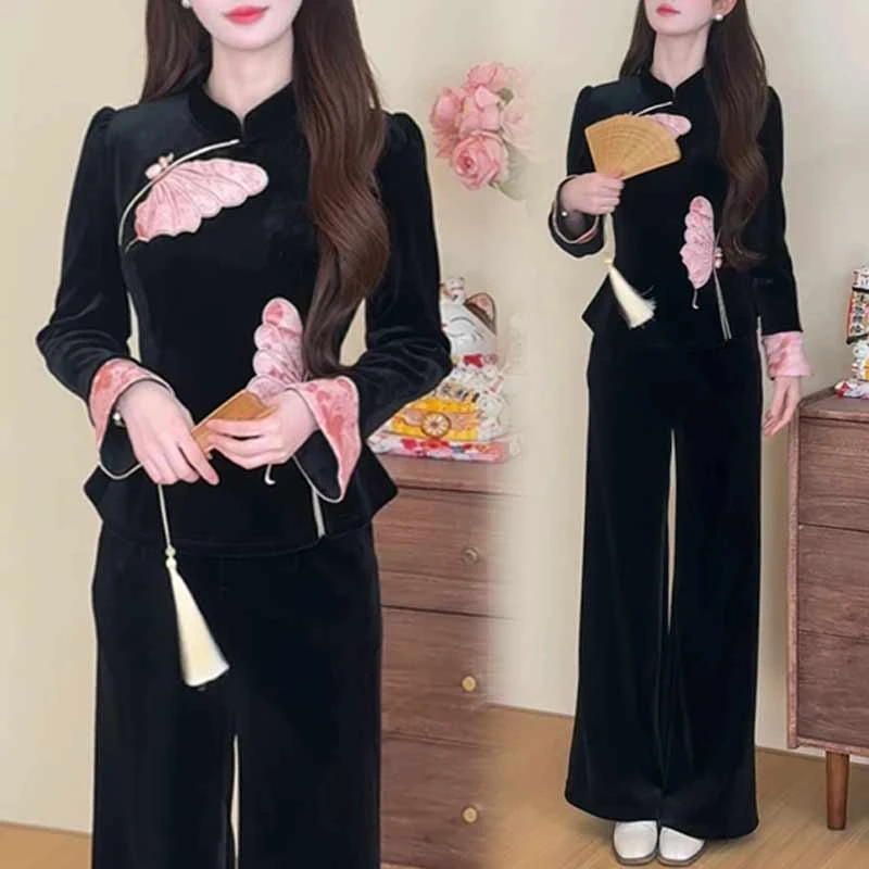 香朵儿【花信驿】新中式撞色贴布时尚国风气质上衣裤子套装轻奢套装