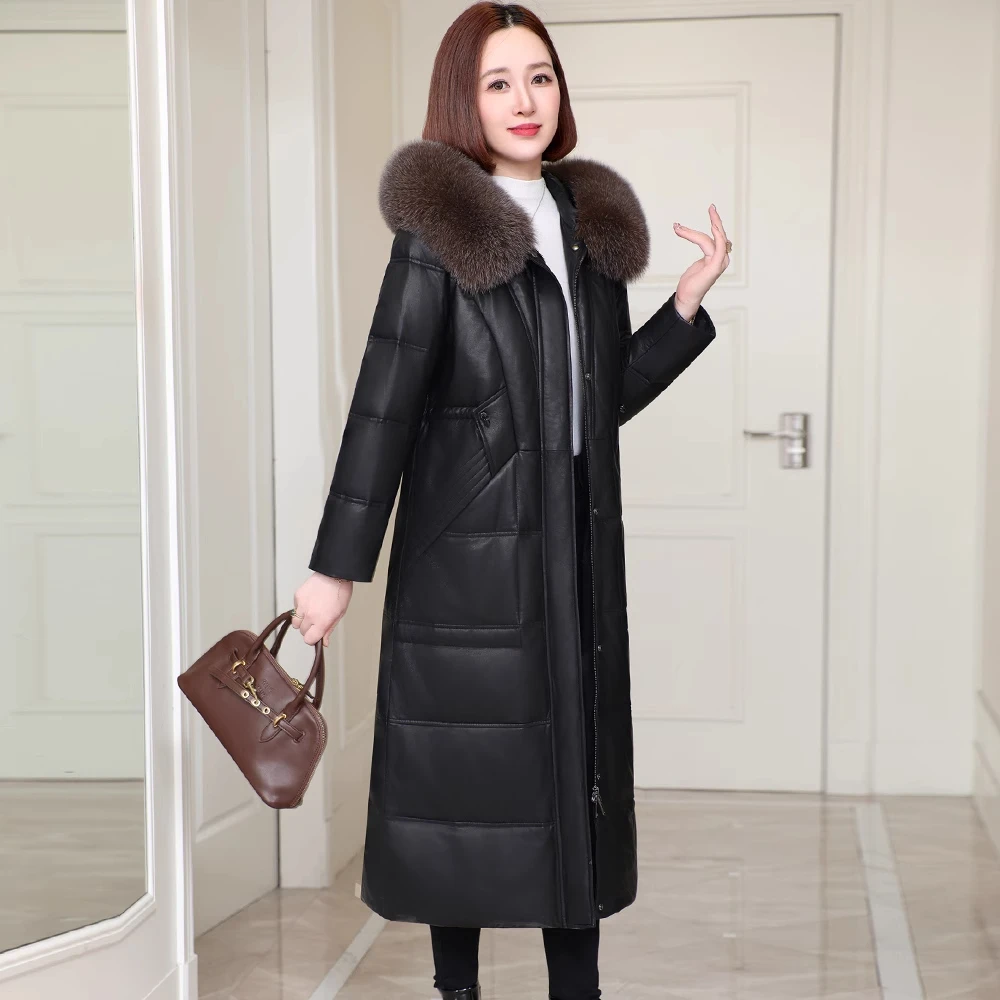 海宁正品真皮皮衣女狐狸毛领绵羊皮2025冬新款羽绒服过膝长款外套