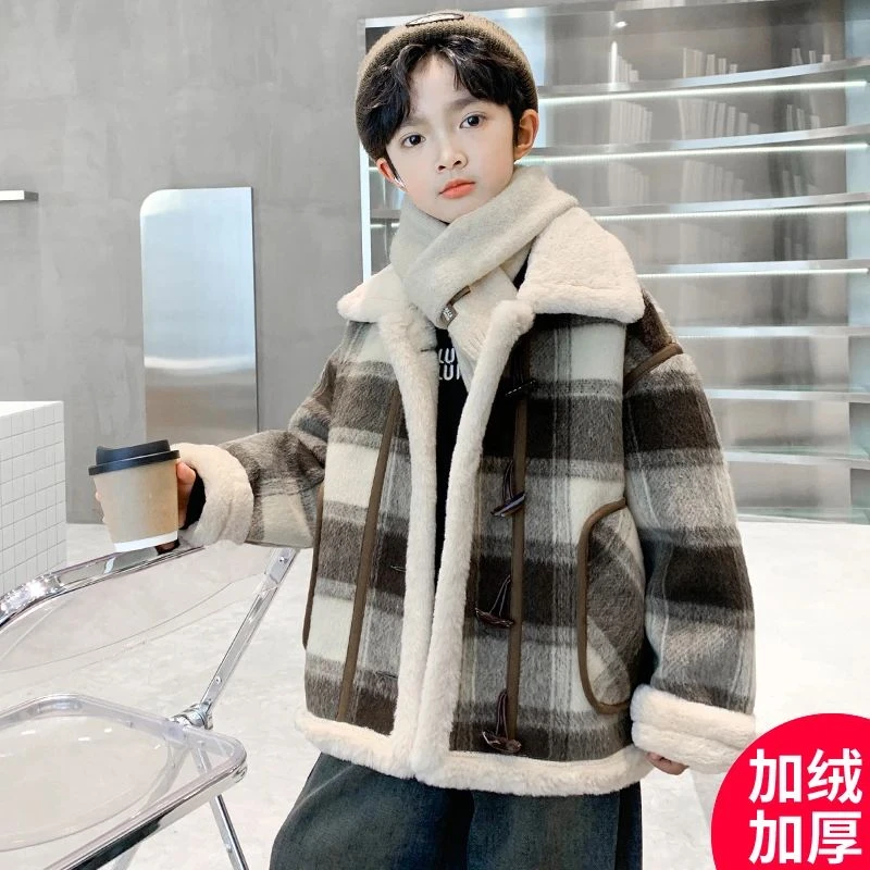 男童外套秋冬款2025新款冬季加绒加厚棉服中大儿童男孩冬装呢大衣