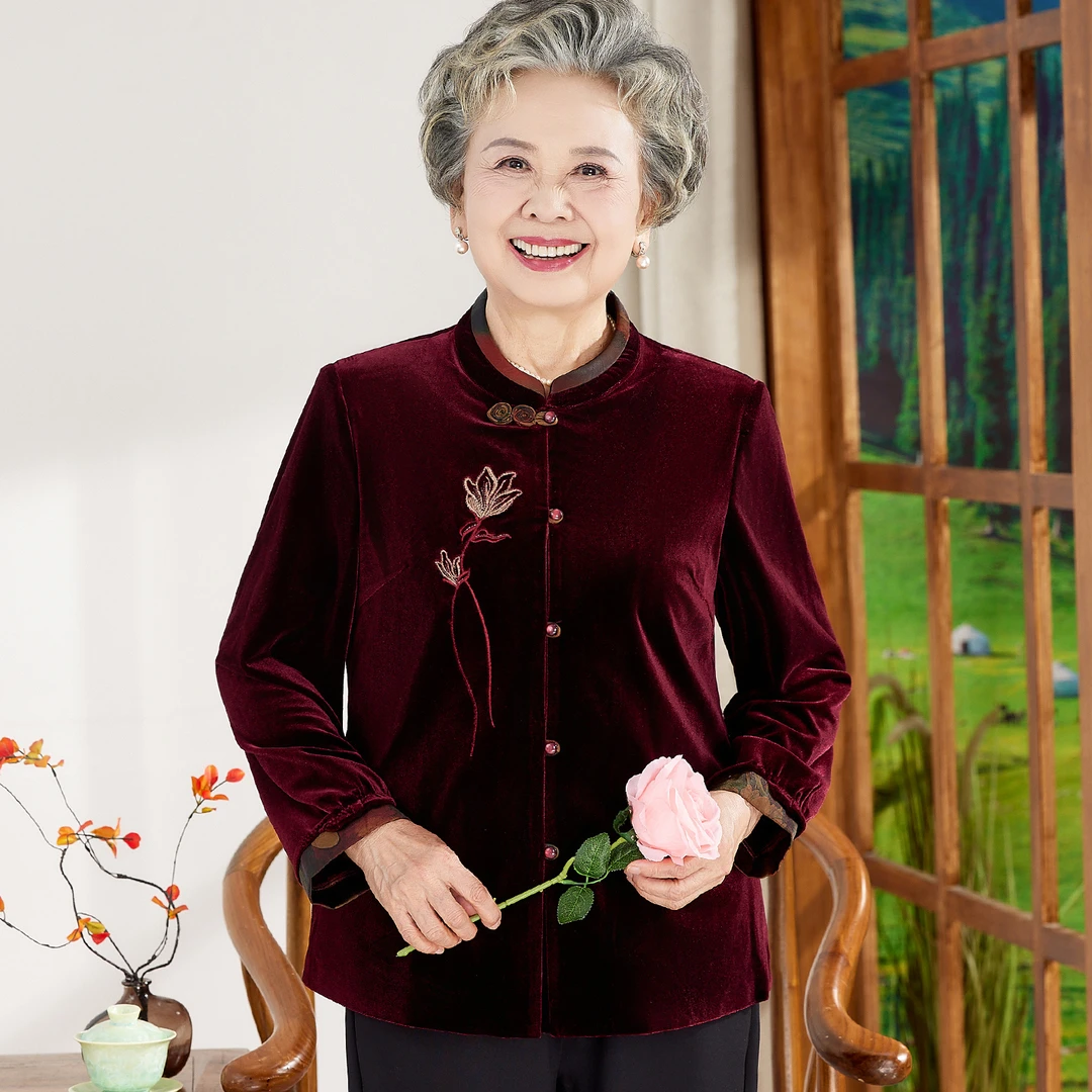 老年人秋装女金丝绒唐装上衣婆婆妈妈春秋宽松新中式绣花衬衫奶奶