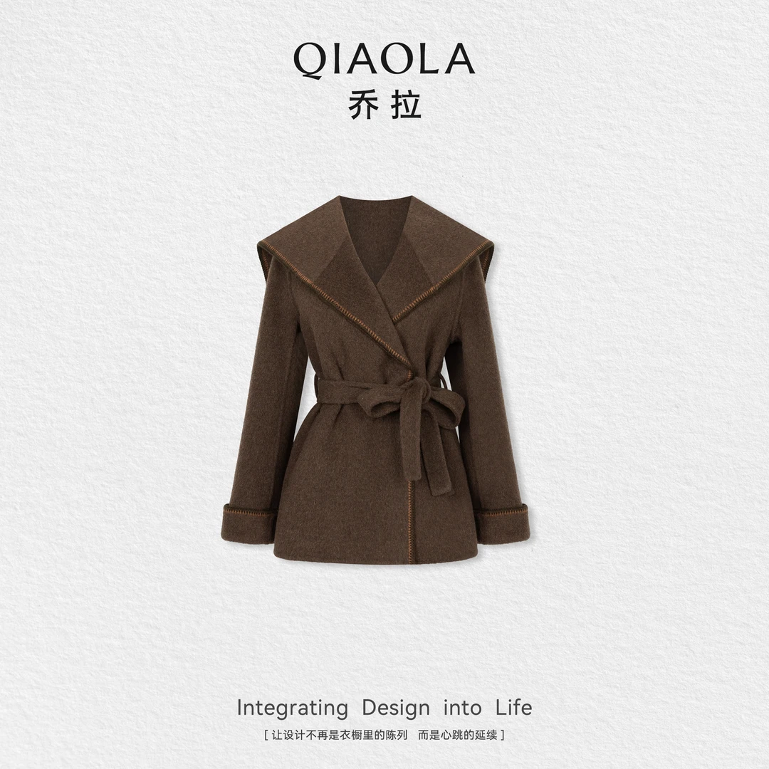 QIAOLA/乔拉【秋意暖阳】秋季绵羊毛混色双面呢经典百搭大衣外套