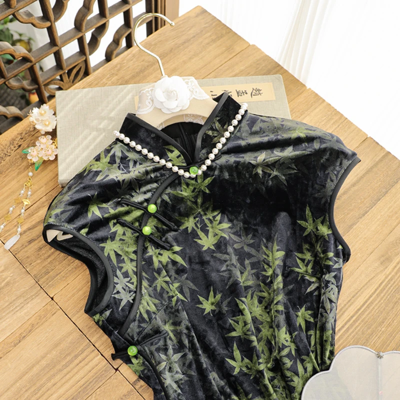 俏娘鱼新中式旗袍古法改良新款老上海日常可穿墨绿复古月牙袖国风