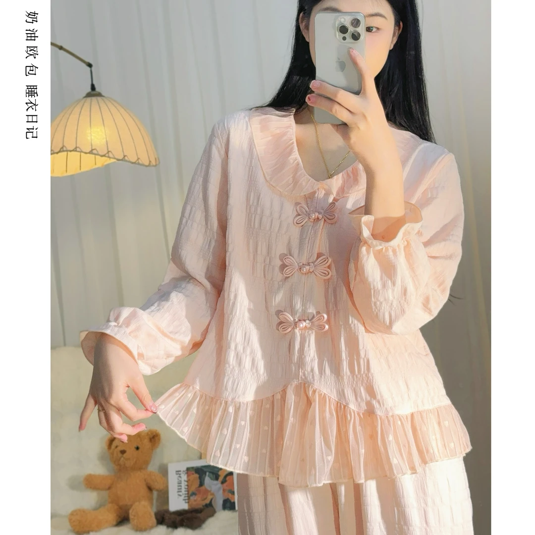 【蔷薇日记】泡泡绵纱（带胸垫）春夏季新中式盘扣长袖居家服睡衣套装