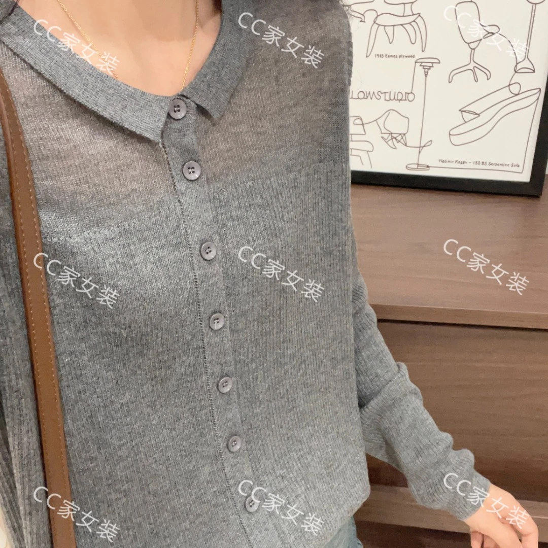 【小翻领灰色坑条纽扣】圆领宽松百搭时尚洋气春夏针织衫