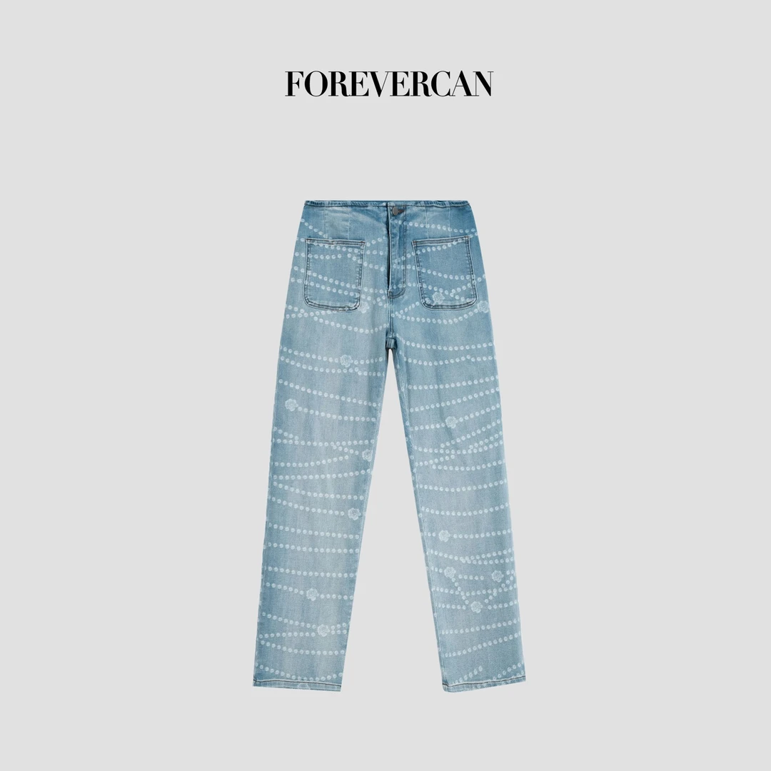 FOREVERCAN“链条裤”复古做旧洗水链条印花直筒牛仔裤SP19289