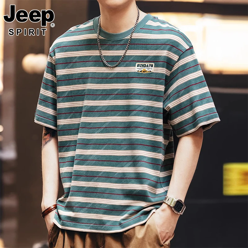 JEEP SPIRIT重磅拼色条纹短袖T恤男夏季潮牌宽松美式纯棉半袖体恤