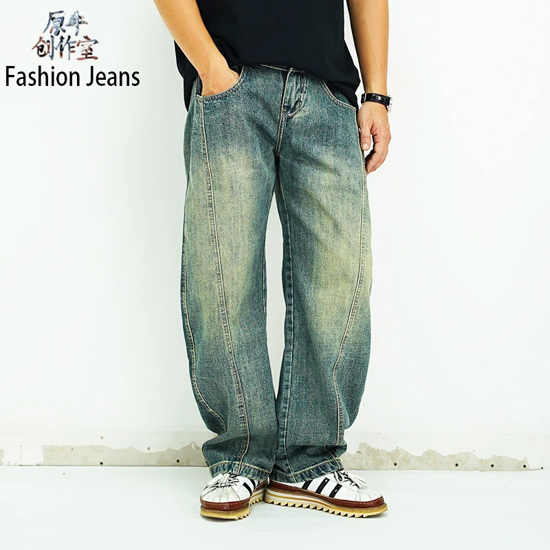 弯刀裤-新款流行男牛仔裤裤子美式潮牌复古牛仔裤男宽松直筒长裤