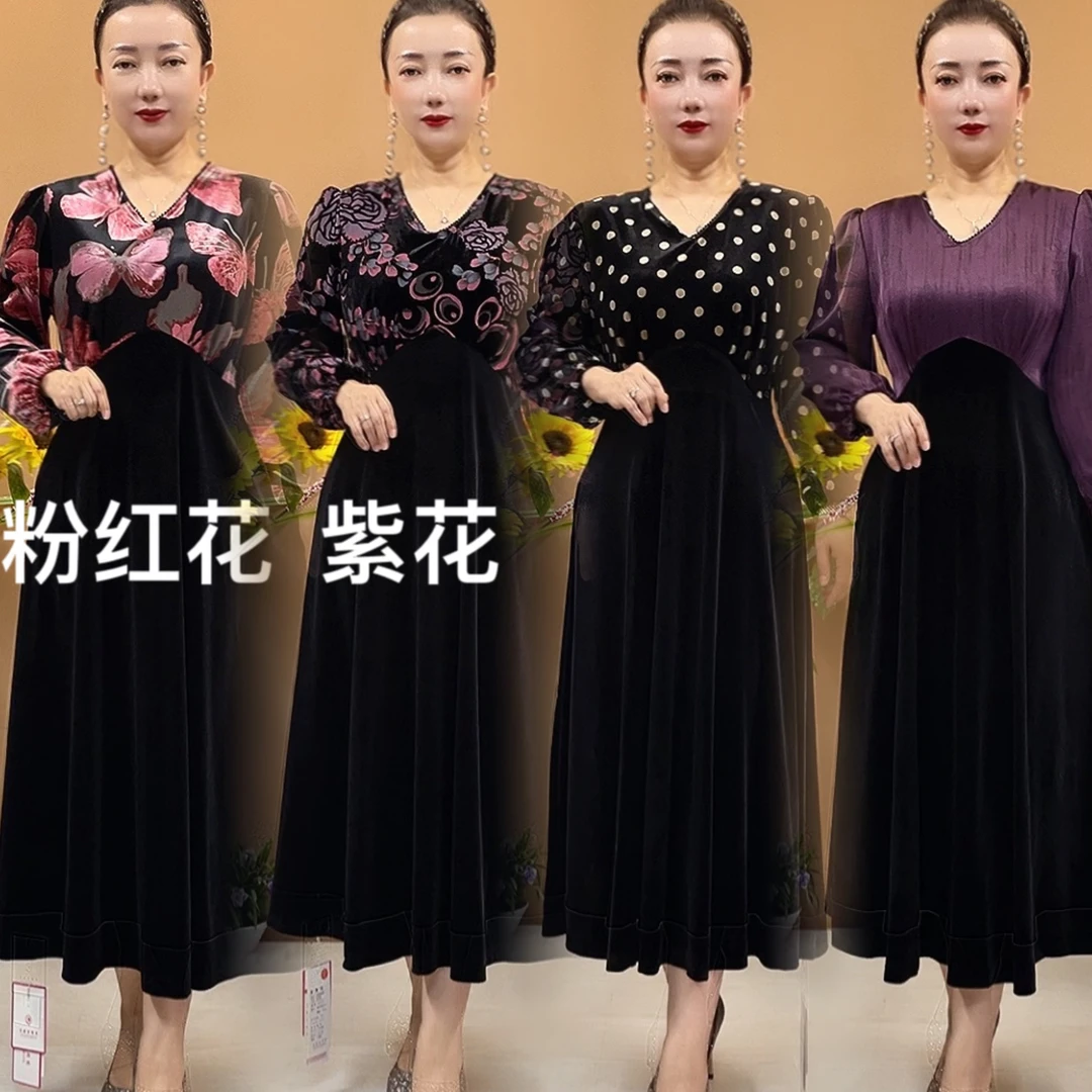 2567时尚洋气高贵阔太太大码丝绒遮肚显瘦气质弹力连衣裙