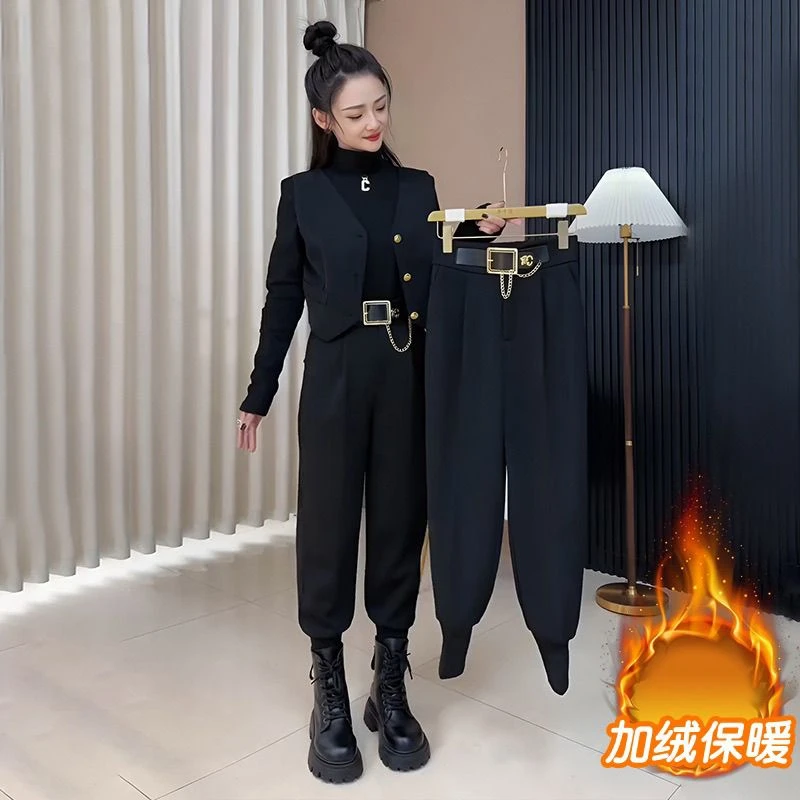 欧货时尚高腰加绒休闲裤洋气女秋冬新款黑色小脚哈伦裤百搭显瘦
