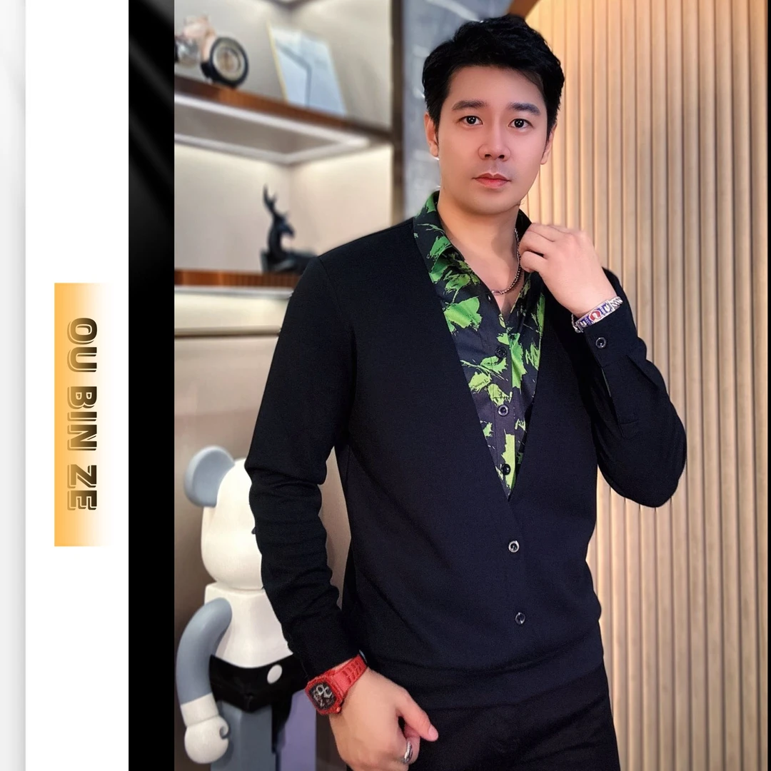 清 欧彬泽【绿骑士】长袖衬衫拼接假两件秋冬男装T恤商务轻奢5077