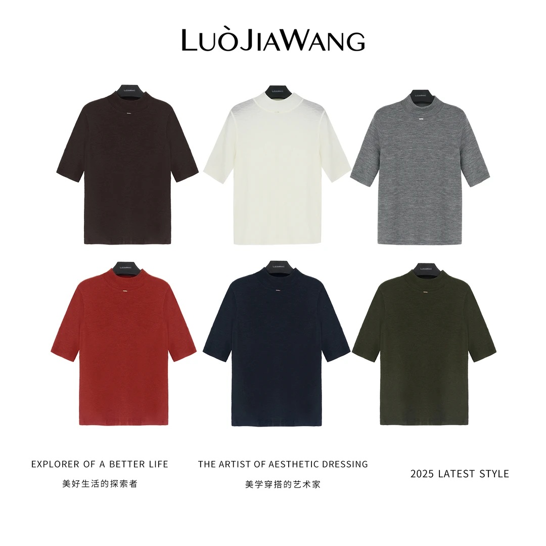100% 绵羊毛半高领内搭打底短袖T恤女LUOJIAWANG【小金扣打底】