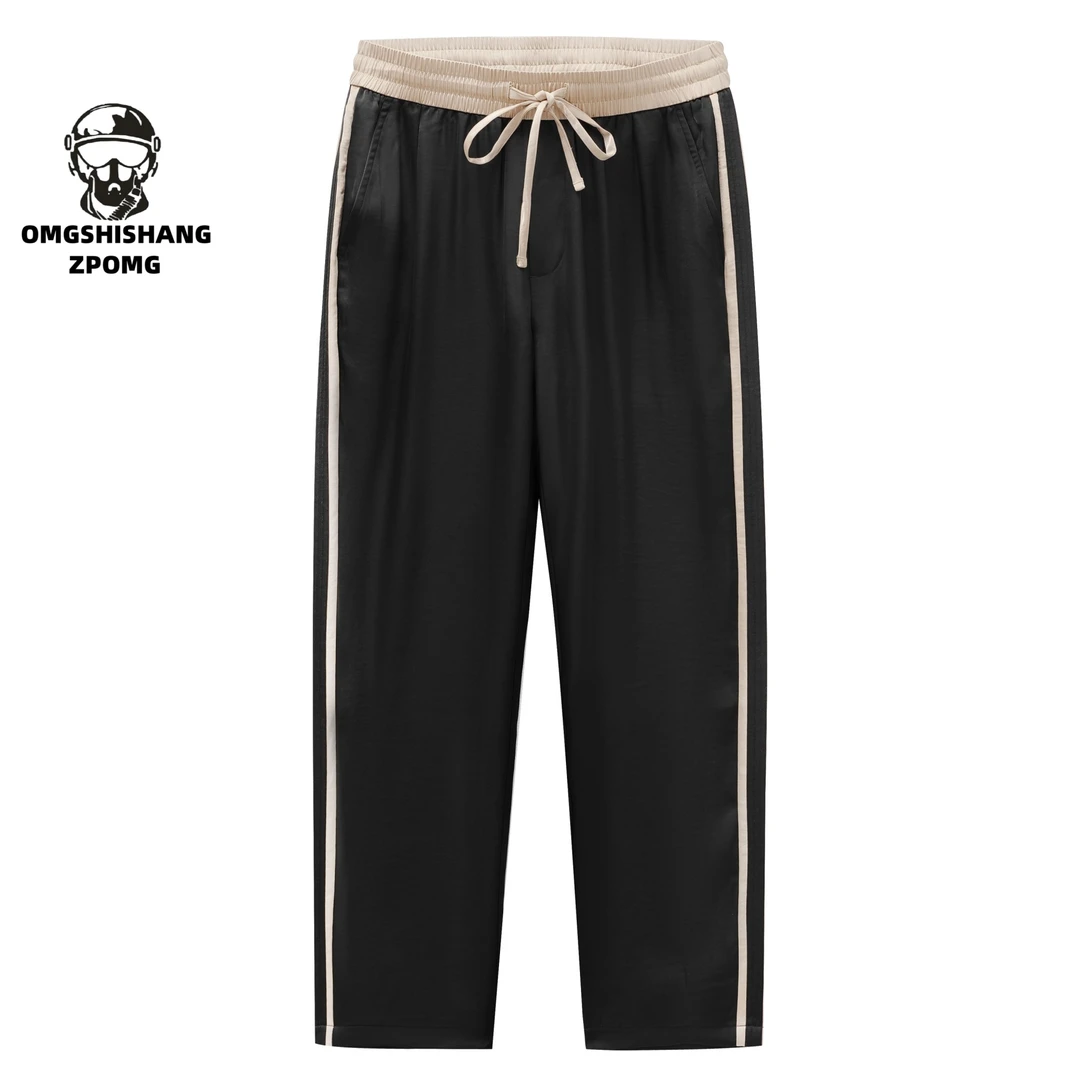 OMGSHISHANG/醋酸珠地层百搭拼接直筒裤老钱风简约高贵上档次男裤