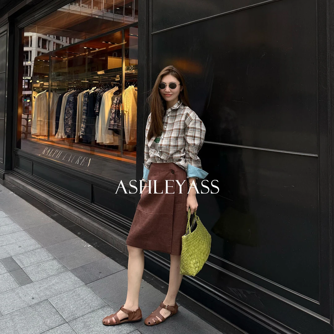 【ASHLEYASS】“雨露格纹”复古胸口大贴袋全麻色织格衬衫LSS250571R