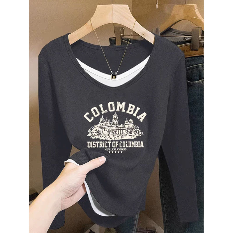 设计感V领假两件正肩长袖t恤女休闲时尚打底衫早秋冬2025新款上衣