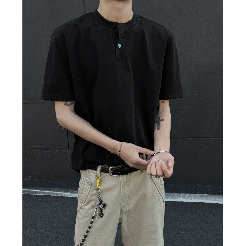 夏季简约半开领短袖T恤男绿纽扣设计韩版网红纯色百搭半袖t圆领