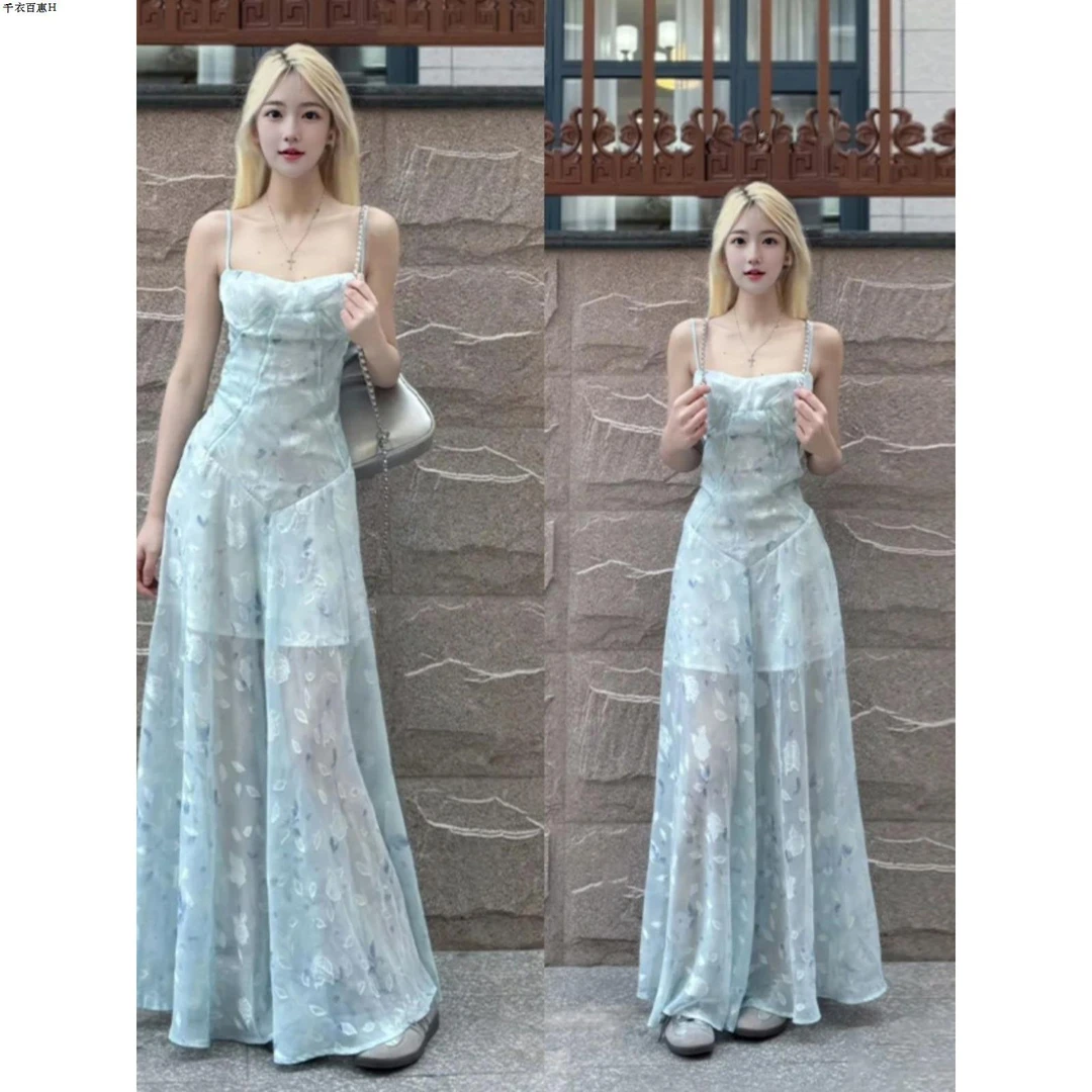 法式温柔气质绿色碎花吊带连衣裙海边度假漂亮独特收腰a字长裙子