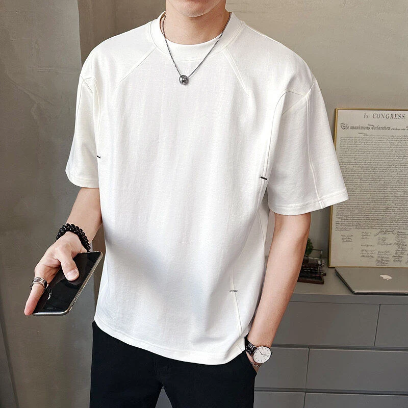 夏季拼接镶钉轻奢T恤男士棉质圆领休闲百搭时尚宽松短袖T8771