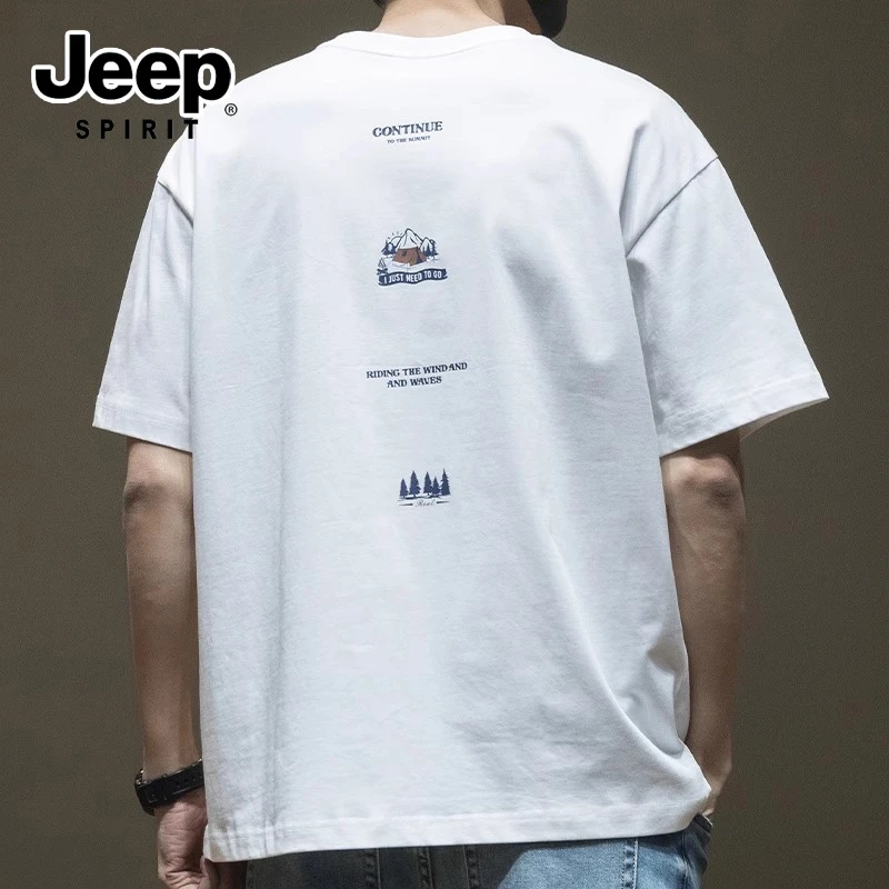 JEEPSPIRIT吉普日系潮牌印花短袖T恤男夏季宽松圆领t恤男白色上衣