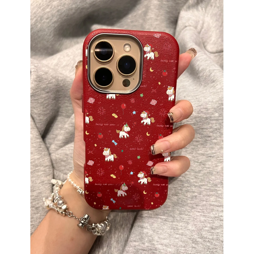 BANCA新年小马适用iPhone17/16/15pro荔枝纹14金属框手机壳13/12