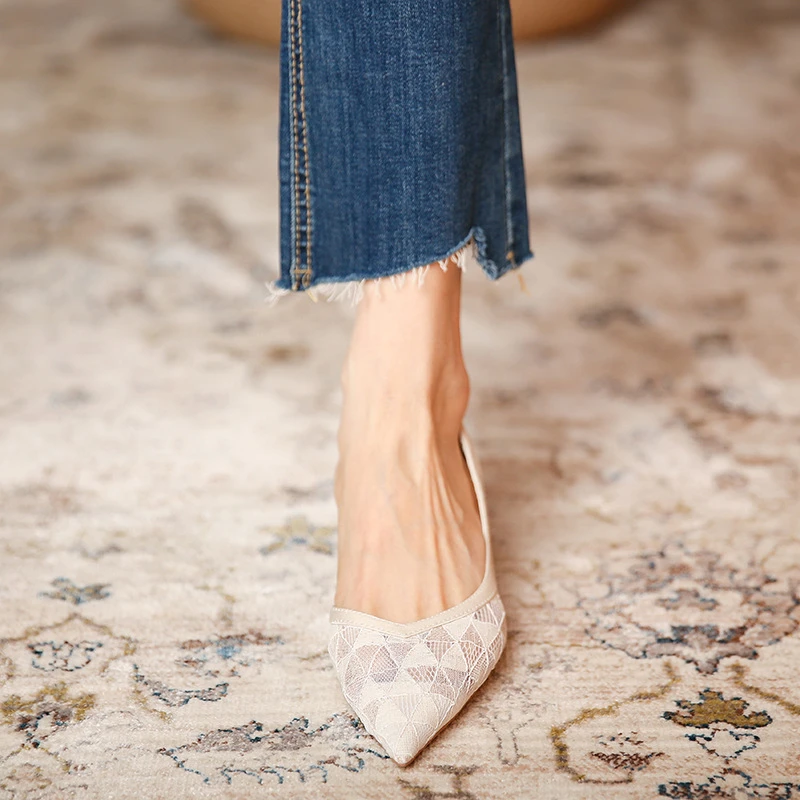 网纱高跟鞋女尖头细跟夏季侧空单鞋性感2025春夏新款仙女风格子