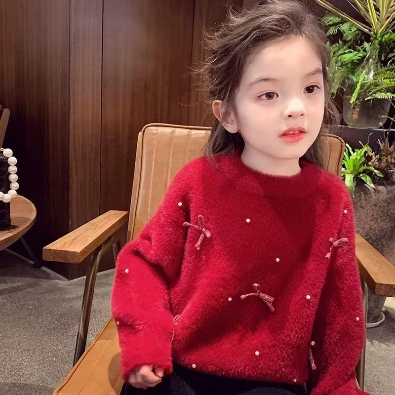 女童毛衣一体绒冬装2024新款儿童加厚针织打底衫红色新年服拜年