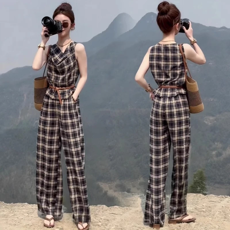夏天穿搭一整套新款格纹无袖上衣长裤时髦两件套高级感时尚套装女