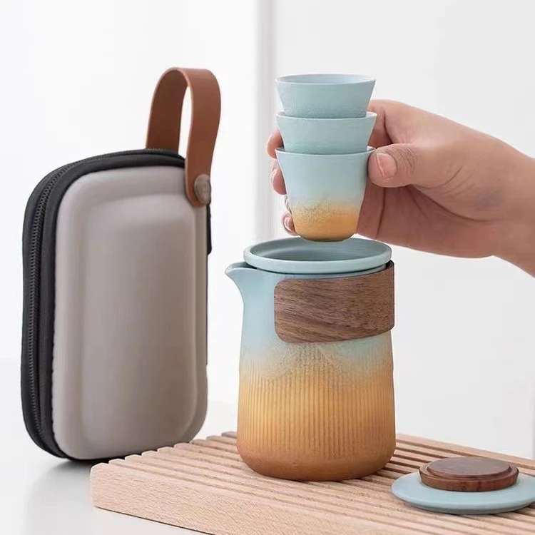 旅行茶具套装茶杯便携式一壶三杯快客杯户外茶水分离泡茶杯陶瓷