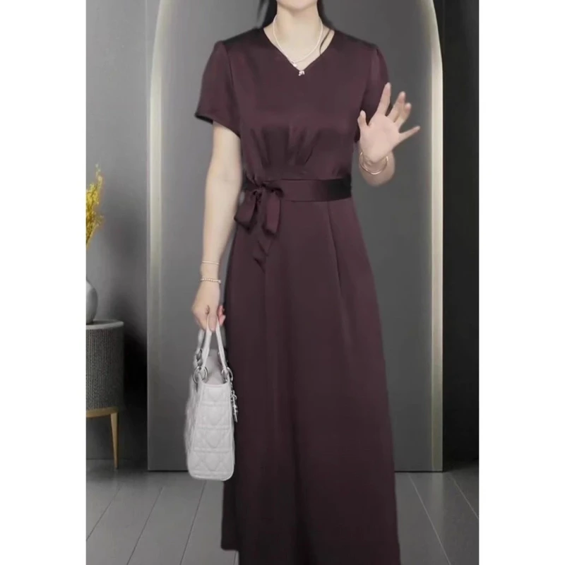 冰丝提花缎连衣裙2025夏季新款女装时尚气质修身显瘦妈妈礼服裙子