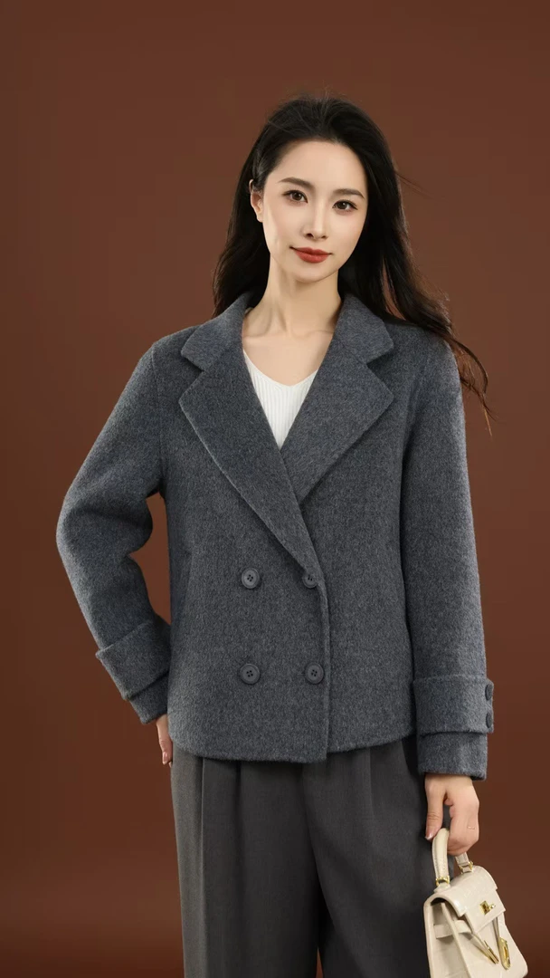 100%纯羊毛双面呢大衣女韩版小个子短款羊绒呢子外套秋冬宽松毛呢