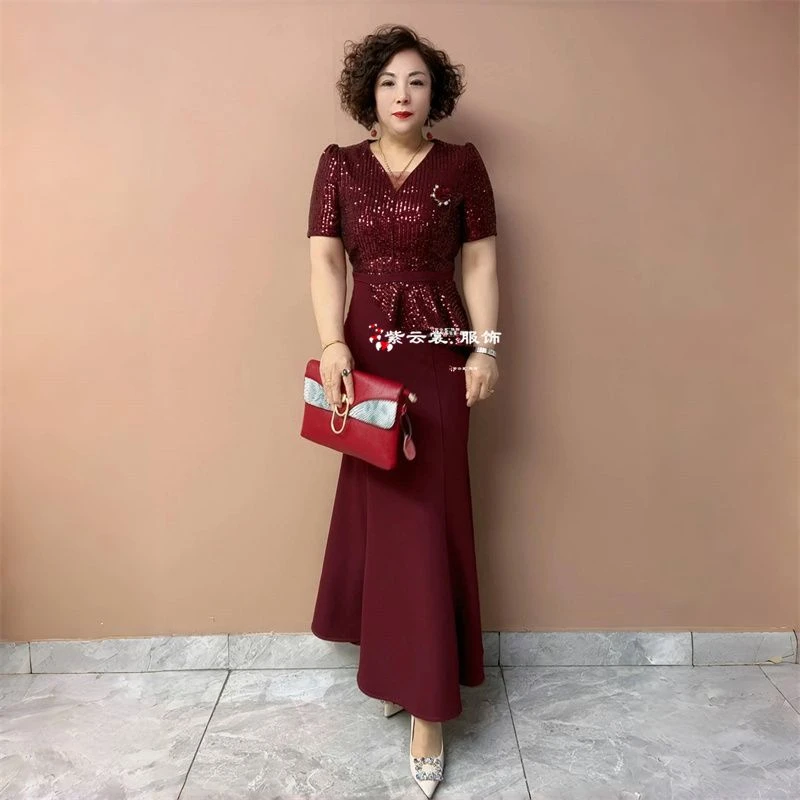 气质喜婆婆礼服年轻妈妈装高贵旗袍修身连衣裙洋气鱼尾晚礼服长裙