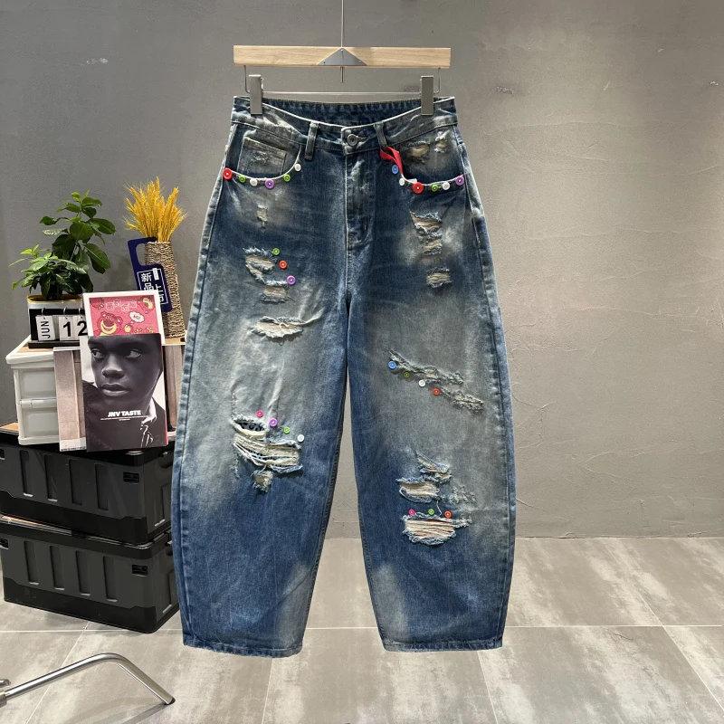 潮牌高端美式弯刀裤男宽松牛仔裤25冬季新款时尚刮烂纽扣装饰长裤