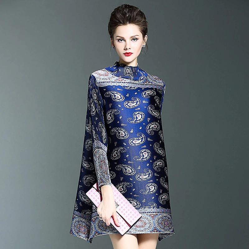 褶影三宅连衣裙宽松大摆腰果花印花半高领复古民族风时尚ZY5503