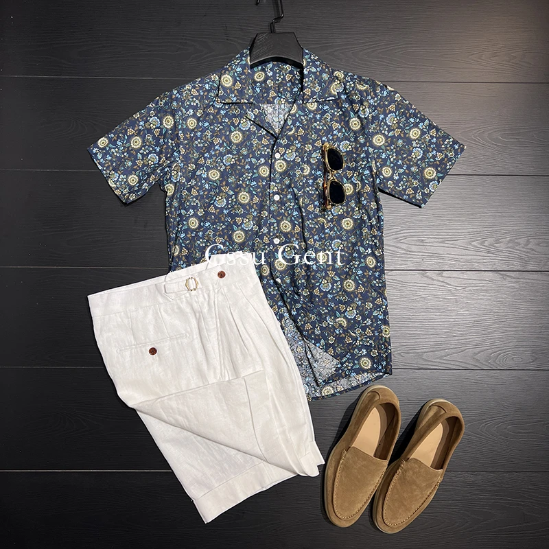 夏威夷系列 定制花型绅士优雅海边度假古巴领花衬衫男士短袖衬衣