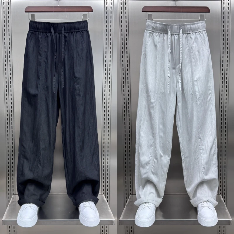 夏季新款潮牌宽松舒适垂感运动休闲裤男士潮流拼接抽绳直筒长裤潮